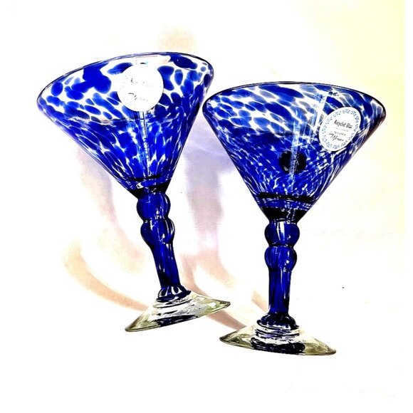 hand blown glass Other - NWT - Set  2 Hand Blown Blue Confetti Martini Margarita Stem Glasses Mexican